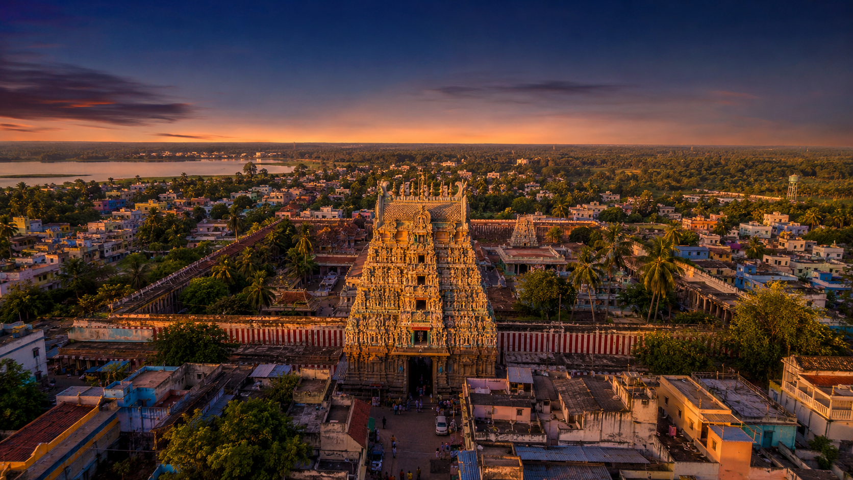 Aerial view of Amirthakadeswarar Temple area, Thirukkadaiyur - Sri Skanda Bhavan is located on Sannathi Street opposite the temple