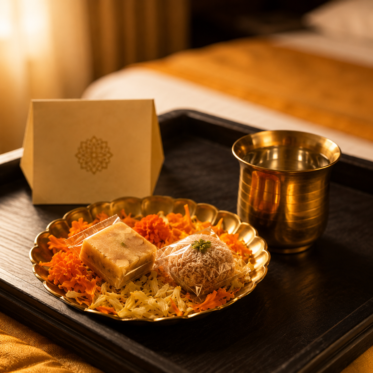 Welcome tray and room service at Sri Skanda Bhavan